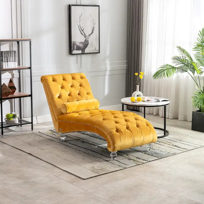 Button-Tufted Upholstered Velvet Recliner Chaise with Pillow and Acrylic Feet