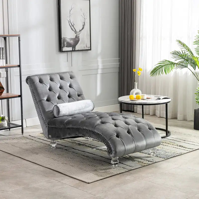 Button-Tufted Upholstered Velvet Recliner Chaise with Pillow and Acrylic Feet