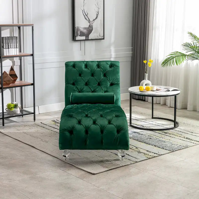Button-Tufted Upholstered Velvet Recliner Chaise with Pillow and Acrylic Feet
