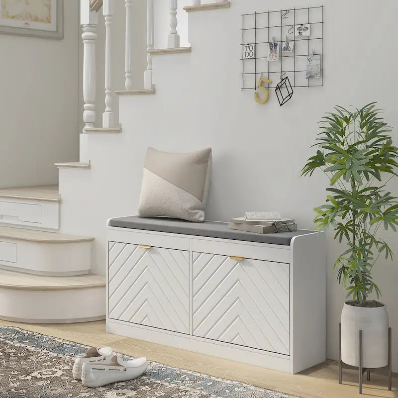 Entryway Bench with 2 Flip Drawers, Seating Cushion, and 2 Vents for 8 Pairs of Shoes for Hallway
