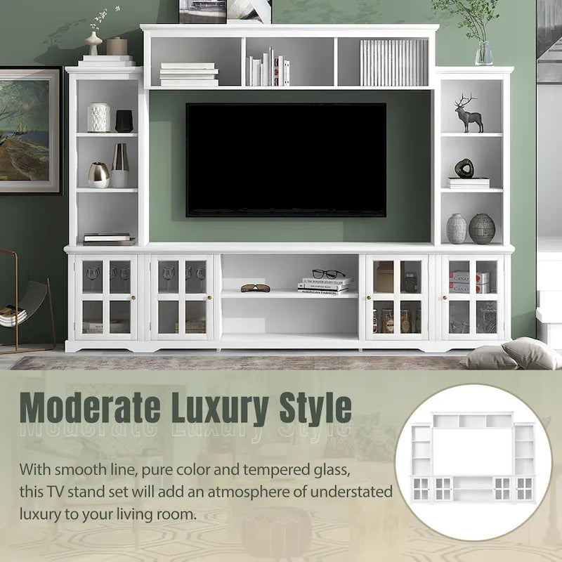 White Entertainment Wall Unit with Bridge & Tempered Glass Door for 70 TVs