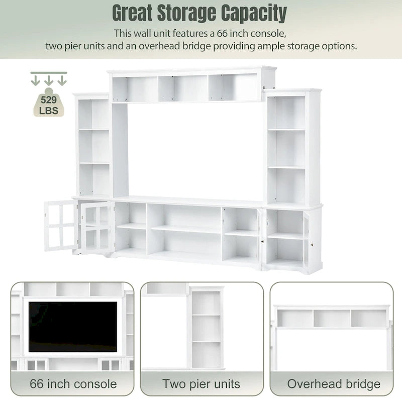 White Entertainment Wall Unit with Bridge & Tempered Glass Door for 70 TVs