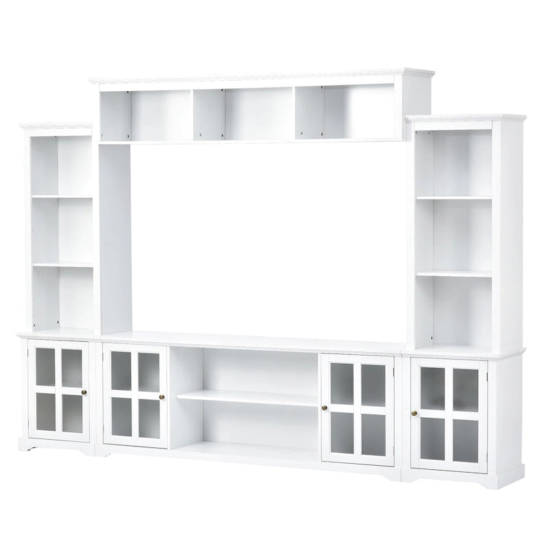 White Entertainment Wall Unit with Bridge & Tempered Glass Door for 70 TVs