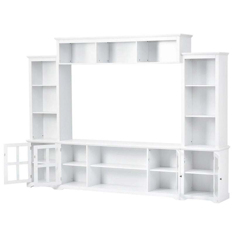 White Entertainment Wall Unit with Bridge & Tempered Glass Door for 70 TVs