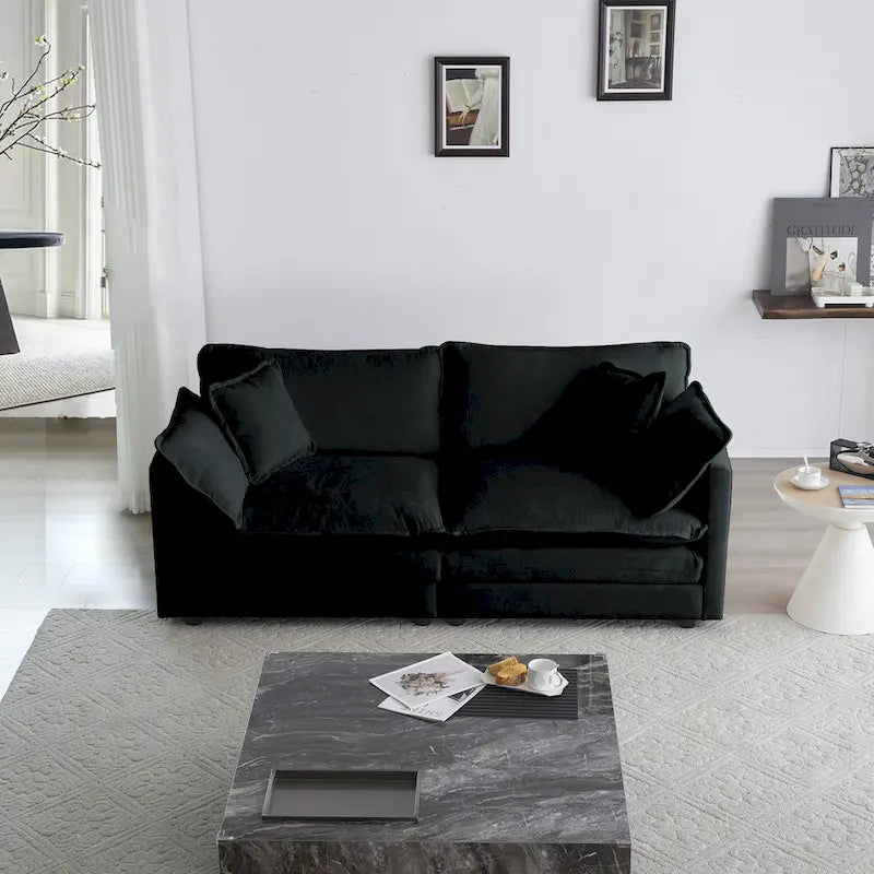 Canapé sectionnel modulaire en chenille noire 4 pièces avec causeuse et poufs