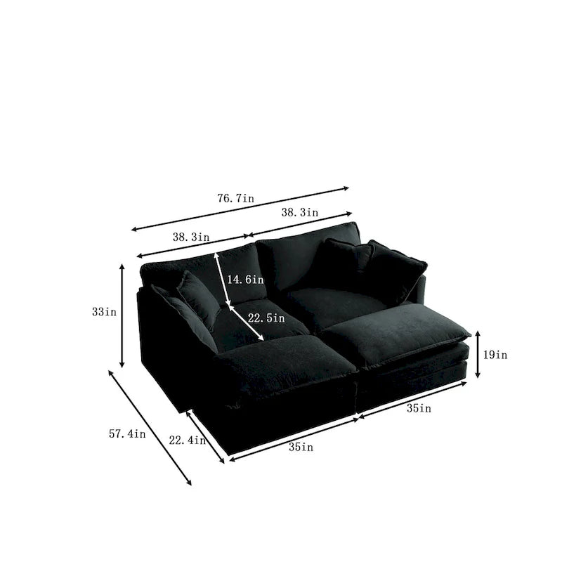 Canapé sectionnel modulaire en chenille noire 4 pièces avec causeuse et poufs