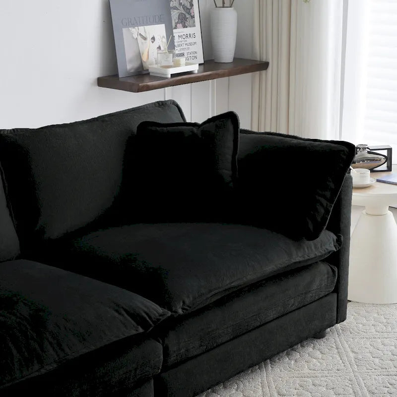 Canapé sectionnel modulaire en chenille noire 4 pièces avec causeuse et poufs