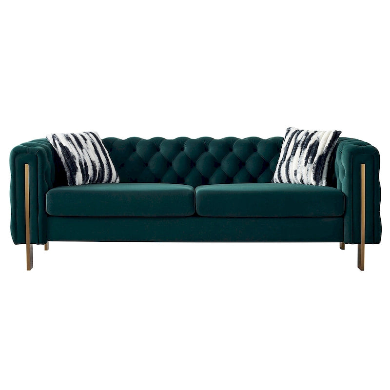 84.25 Button Tufted Upholstered 3-Seater Sofa with Gold Decoration