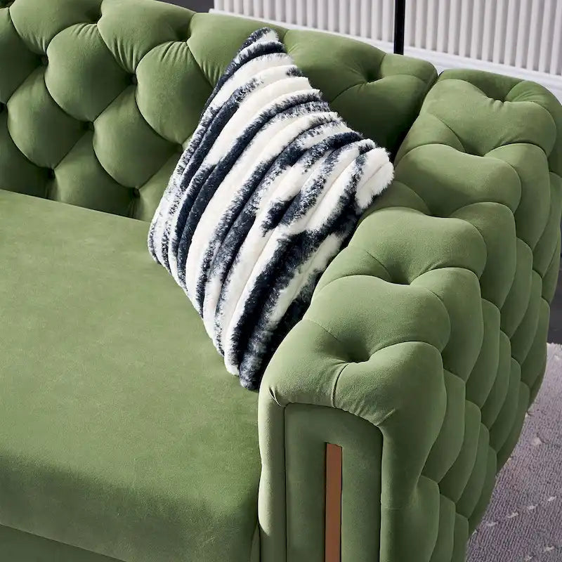 84.25 Button Tufted Upholstered 3-Seater Sofa with Gold Decoration