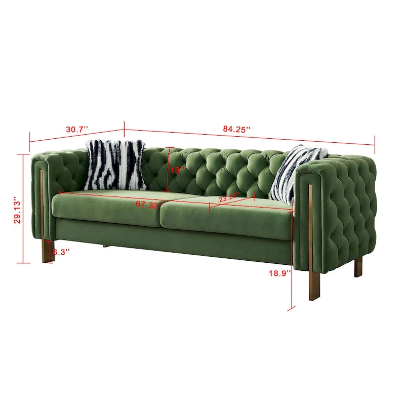 84.25 Button Tufted Upholstered 3-Seater Sofa with Gold Decoration