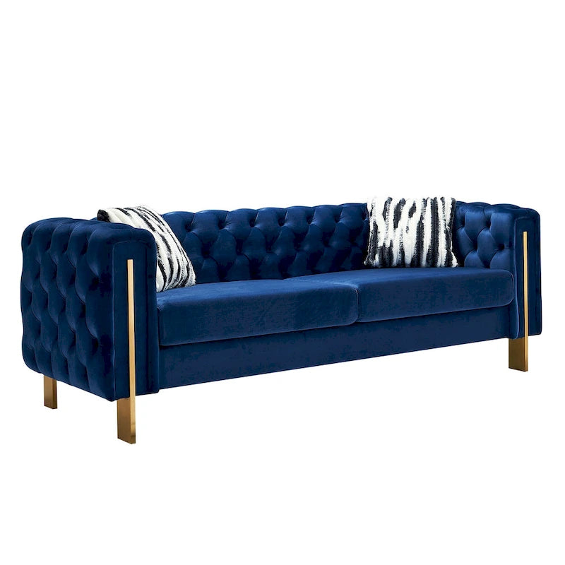 84.25 Button Tufted Upholstered 3-Seater Sofa with Gold Decoration