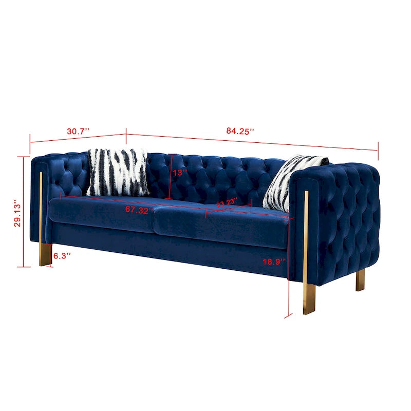 84.25 Button Tufted Upholstered 3-Seater Sofa with Gold Decoration