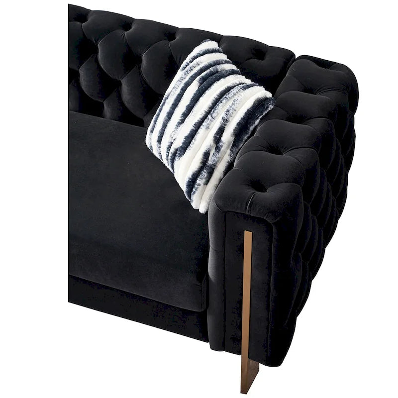 84.25 Button Tufted Upholstered 3-Seater Sofa with Gold Decoration