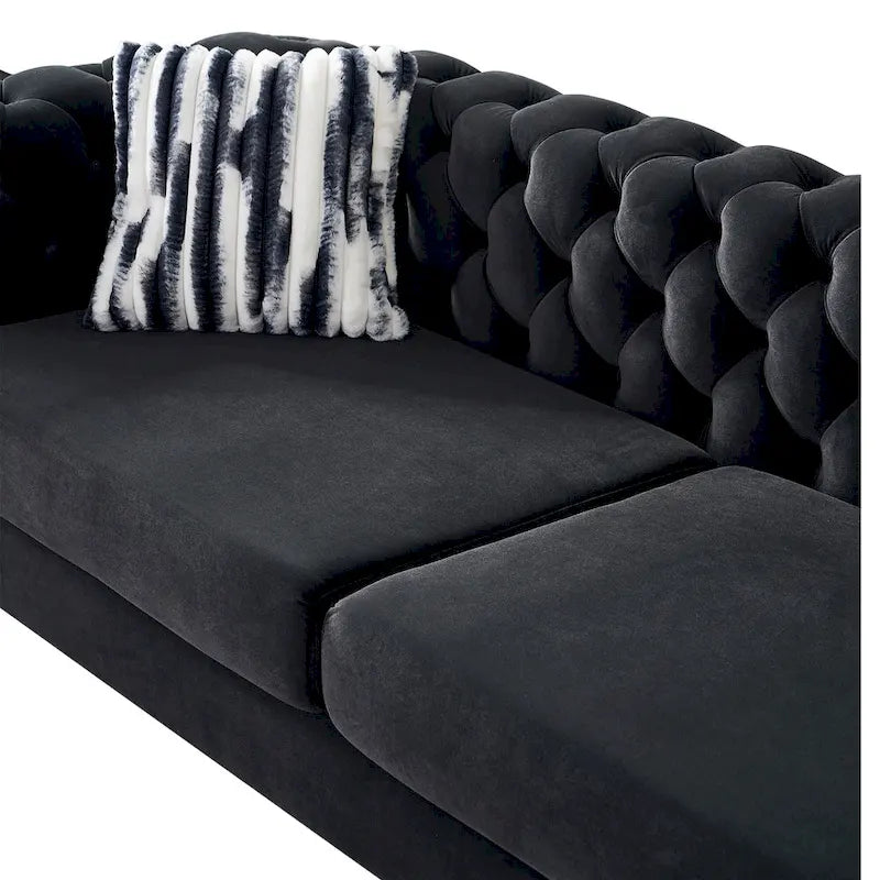 84.25 Button Tufted Upholstered 3-Seater Sofa with Gold Decoration