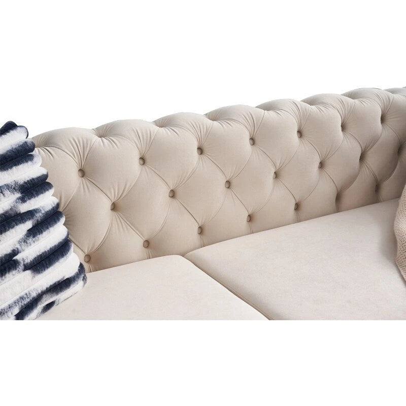 84.25 Button Tufted Upholstered 3-Seater Sofa with Gold Decoration