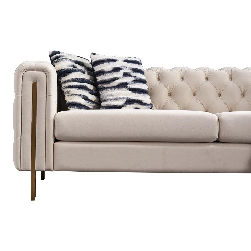 84.25 Button Tufted Upholstered 3-Seater Sofa with Gold Decoration