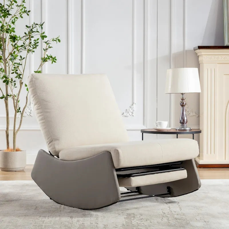 Corduroy Rocker Recliner with Footrest and PU Leather Leg