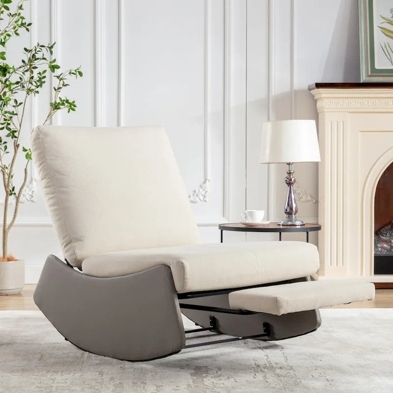 Corduroy Rocker Recliner with Footrest and PU Leather Leg