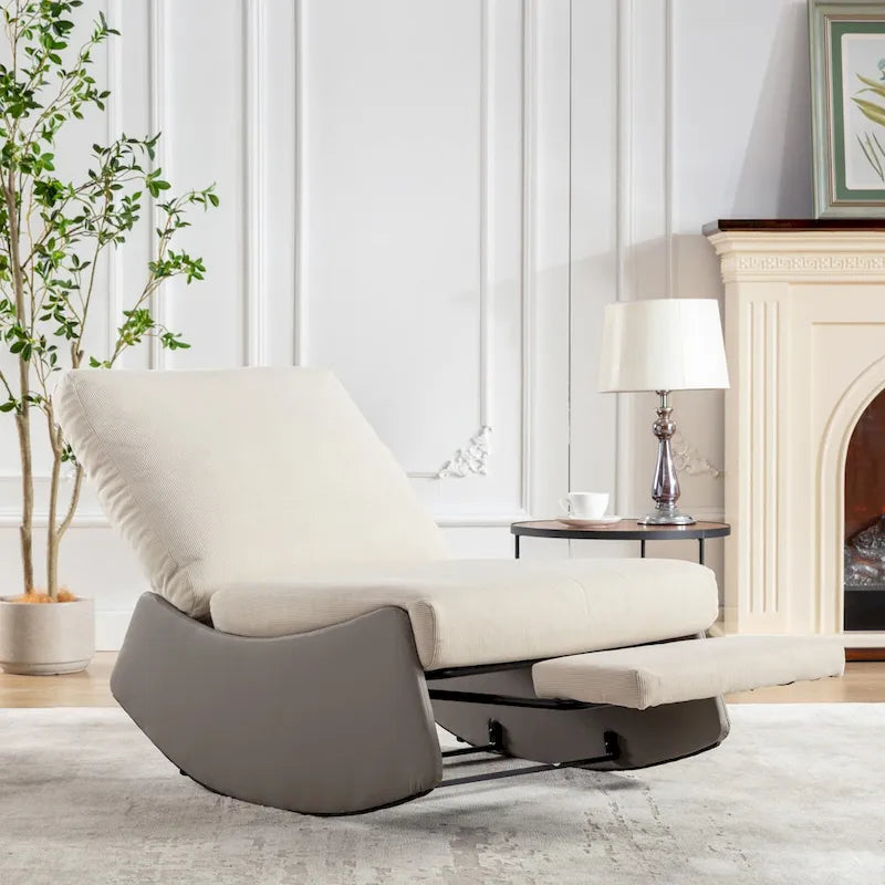 Corduroy Rocker Recliner with Footrest and PU Leather Leg