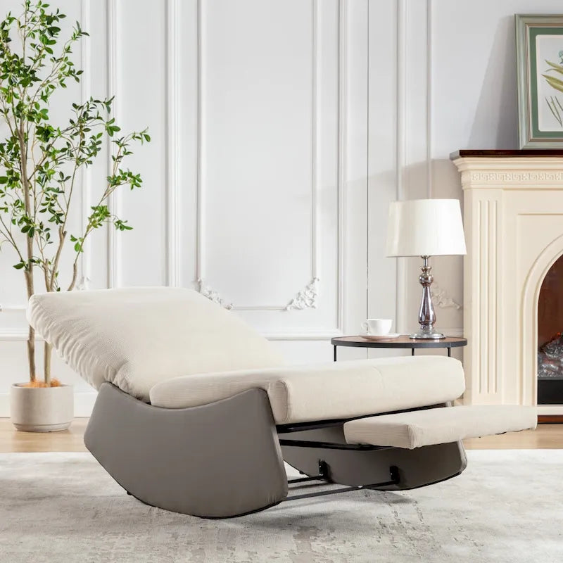 Corduroy Rocker Recliner with Footrest and PU Leather Leg