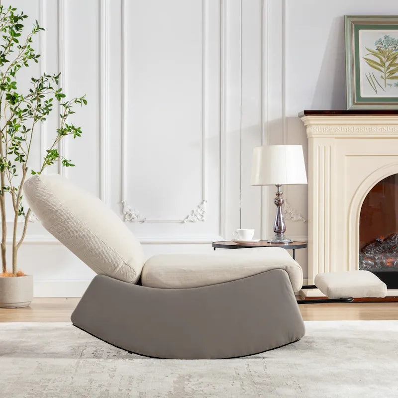 Corduroy Rocker Recliner with Footrest and PU Leather Leg