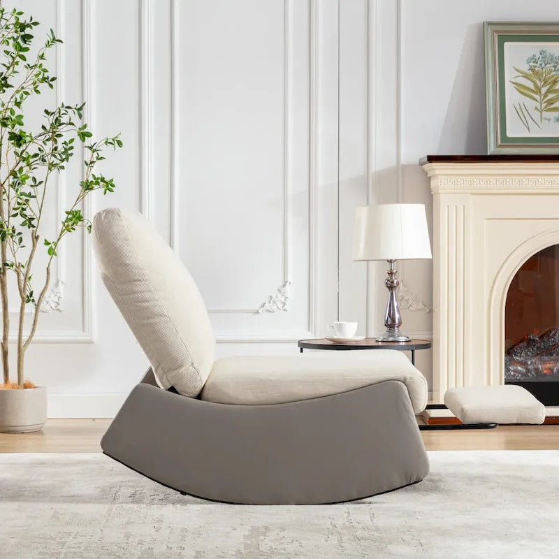 Corduroy Rocker Recliner with Footrest and PU Leather Leg