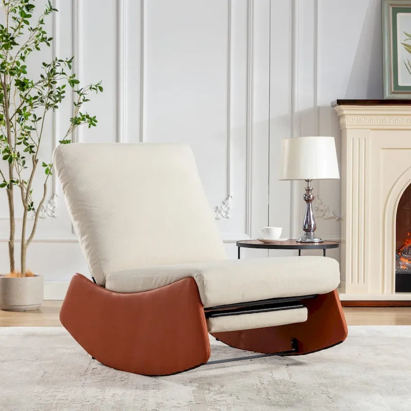 Corduroy Rocker Recliner with Footrest and PU Leather Leg