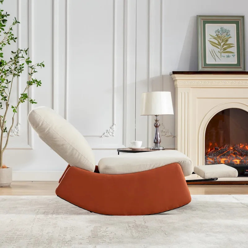 Corduroy Rocker Recliner with Footrest and PU Leather Leg
