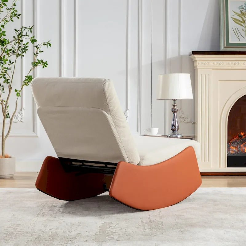 Corduroy Rocker Recliner with Footrest and PU Leather Leg