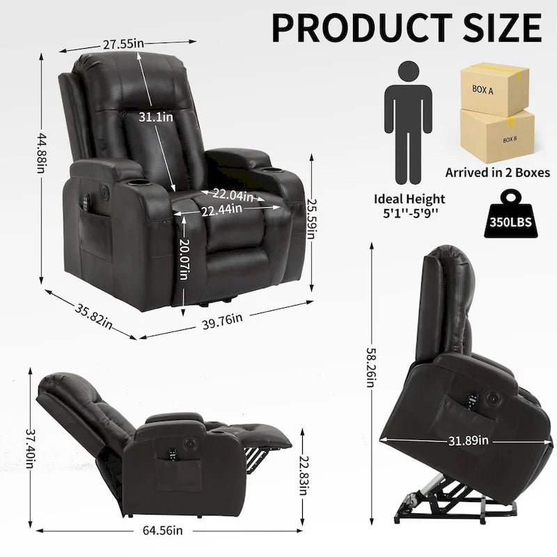 Infinite Position Power Lift Recliner Chair for Elderly, with 8-Point Vibration Massage and Lumbar Heating, USB Charging Port