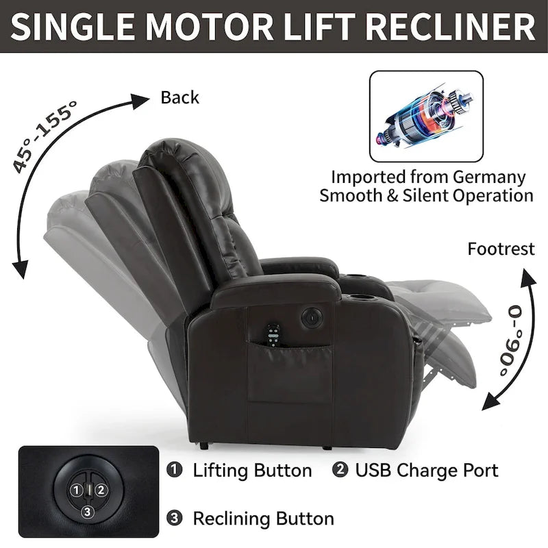 Infinite Position Power Lift Recliner Chair for Elderly, with 8-Point Vibration Massage and Lumbar Heating, USB Charging Port