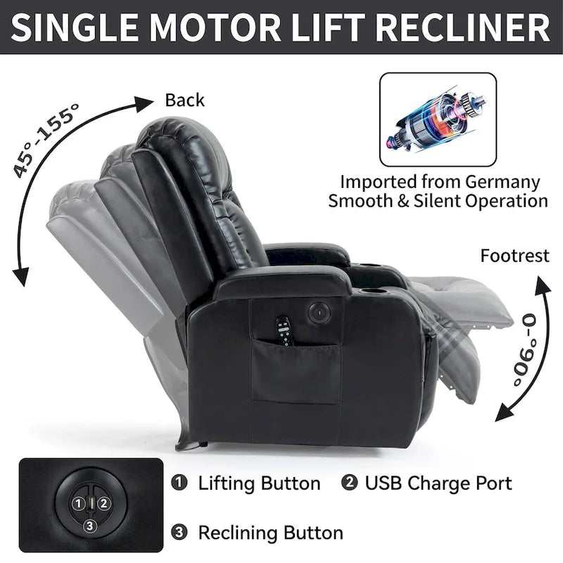 Infinite Position Power Lift Recliner Chair for Elderly, with 8-Point Vibration Massage and Lumbar Heating, USB Charging Port