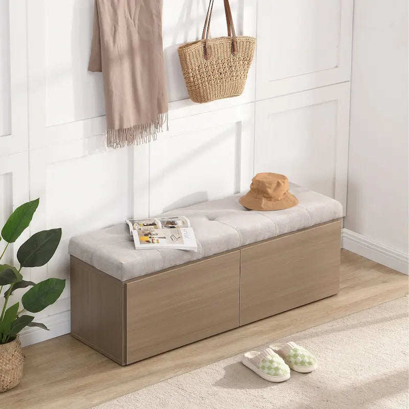 49 Entryway Shoe Storage Bench with Double Doors & Padded Cushion,Space-Saving Ottoman