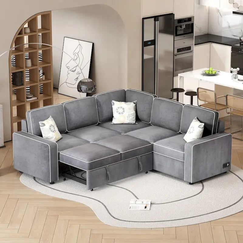 L-Shaped Pull Out Sofa Bed Modern Convertible Sleeper Sofa with 2 USB ports, 2 Power Sockets and 3 Pillows