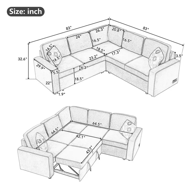 Canapé-lit d'angle convertible moderne avec 2 ports USB, 2 prises de courant et 3 oreillers