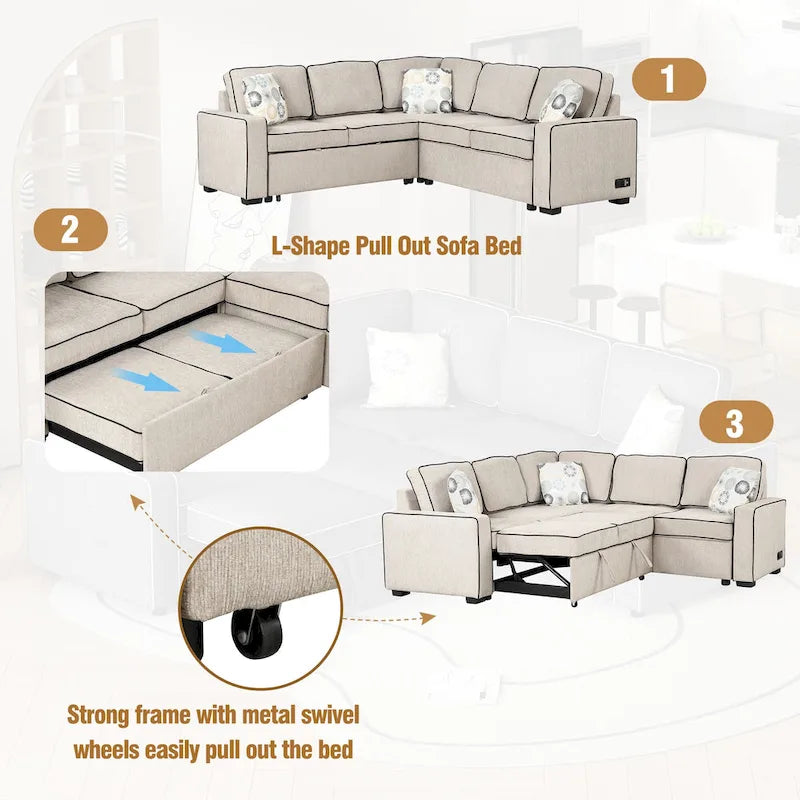 Canapé-lit d'angle convertible moderne avec 2 ports USB, 2 prises de courant et 3 oreillers