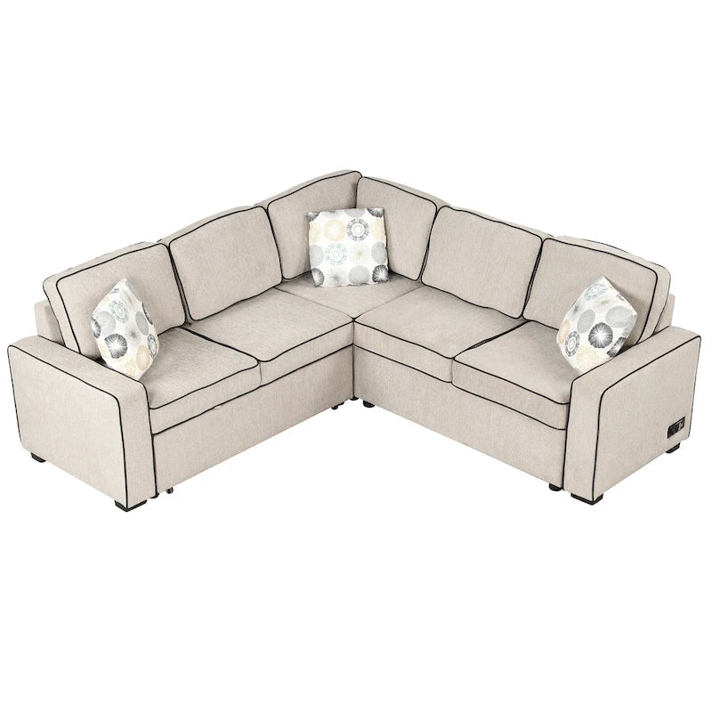 Canapé-lit d'angle convertible moderne avec 2 ports USB, 2 prises de courant et 3 oreillers