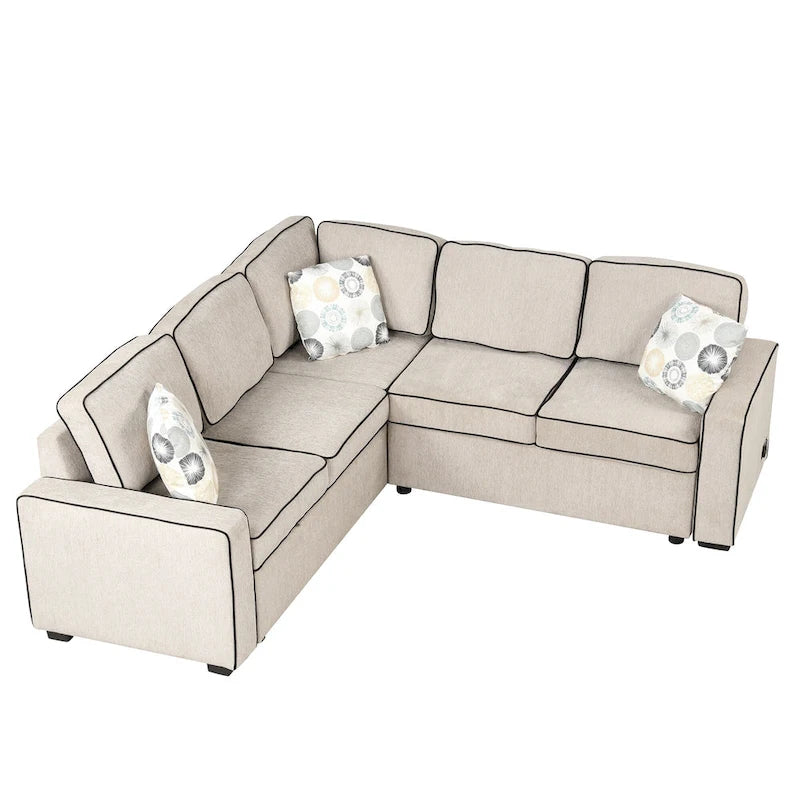 Canapé-lit d'angle convertible moderne avec 2 ports USB, 2 prises de courant et 3 oreillers