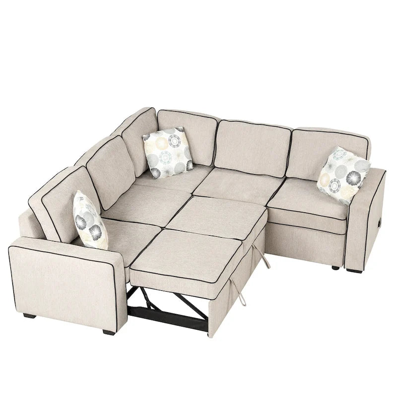 Canapé-lit d'angle convertible moderne avec 2 ports USB, 2 prises de courant et 3 oreillers