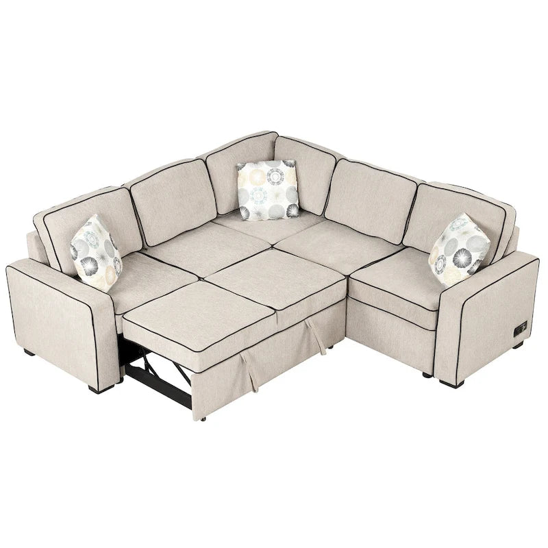 Canapé-lit d'angle convertible moderne avec 2 ports USB, 2 prises de courant et 3 oreillers