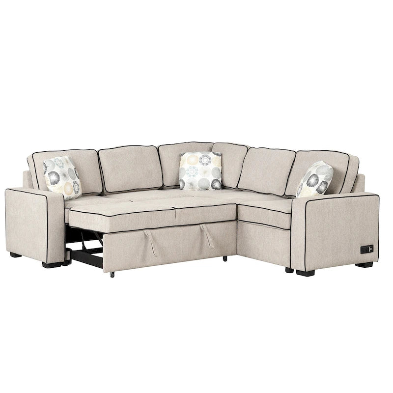 Canapé-lit d'angle convertible moderne avec 2 ports USB, 2 prises de courant et 3 oreillers