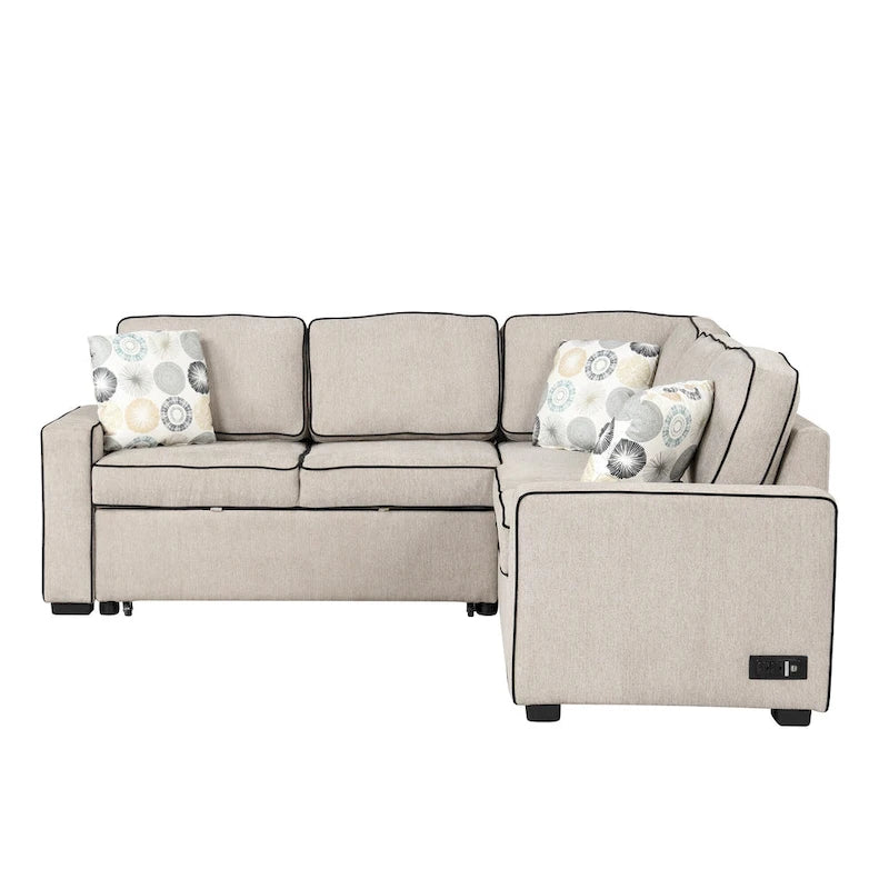Canapé-lit d'angle convertible moderne avec 2 ports USB, 2 prises de courant et 3 oreillers