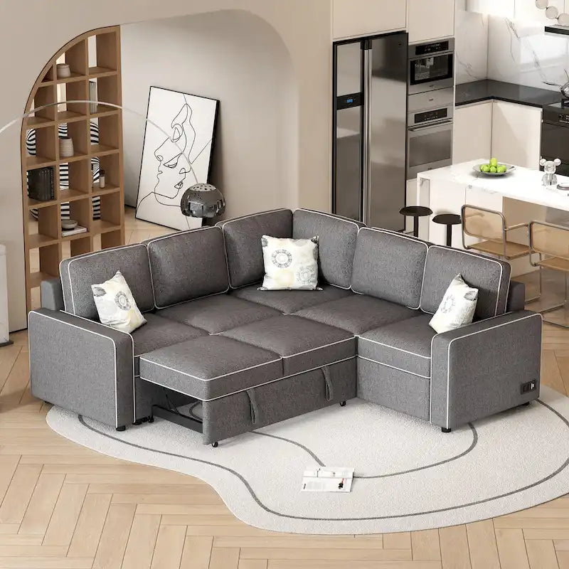 Canapé-lit d'angle convertible moderne avec 2 ports USB, 2 prises de courant et 3 oreillers