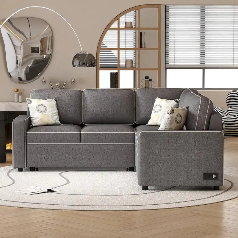 Canapé-lit d'angle convertible moderne avec 2 ports USB, 2 prises de courant et 3 oreillers