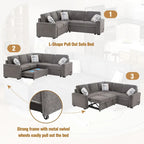 Canapé-lit d'angle convertible moderne avec 2 ports USB, 2 prises de courant et 3 oreillers