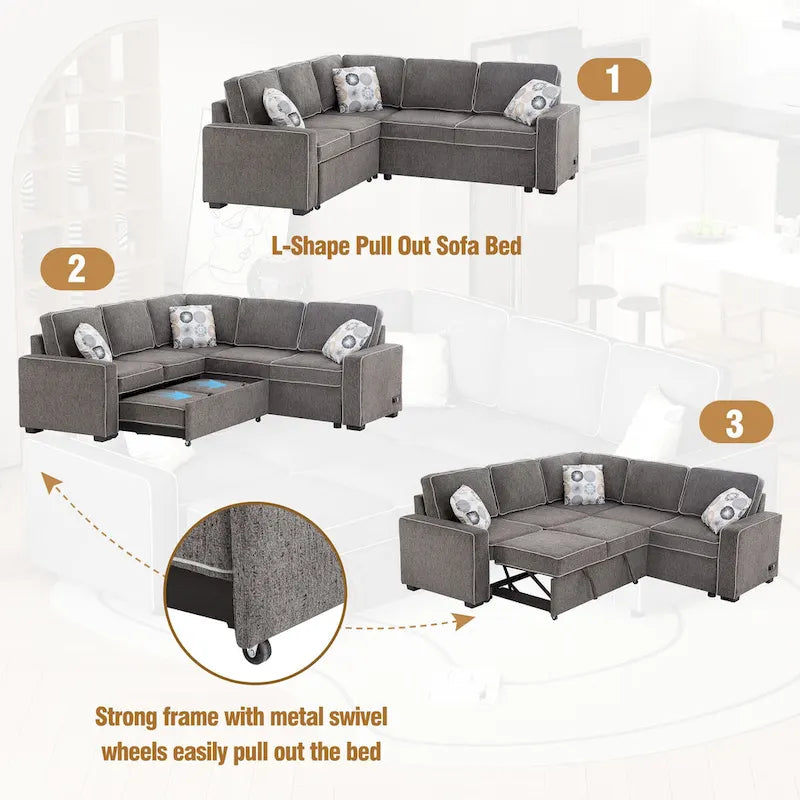 Canapé-lit d'angle convertible moderne avec 2 ports USB, 2 prises de courant et 3 oreillers