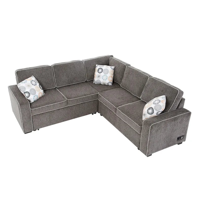 Canapé-lit d'angle convertible moderne avec 2 ports USB, 2 prises de courant et 3 oreillers