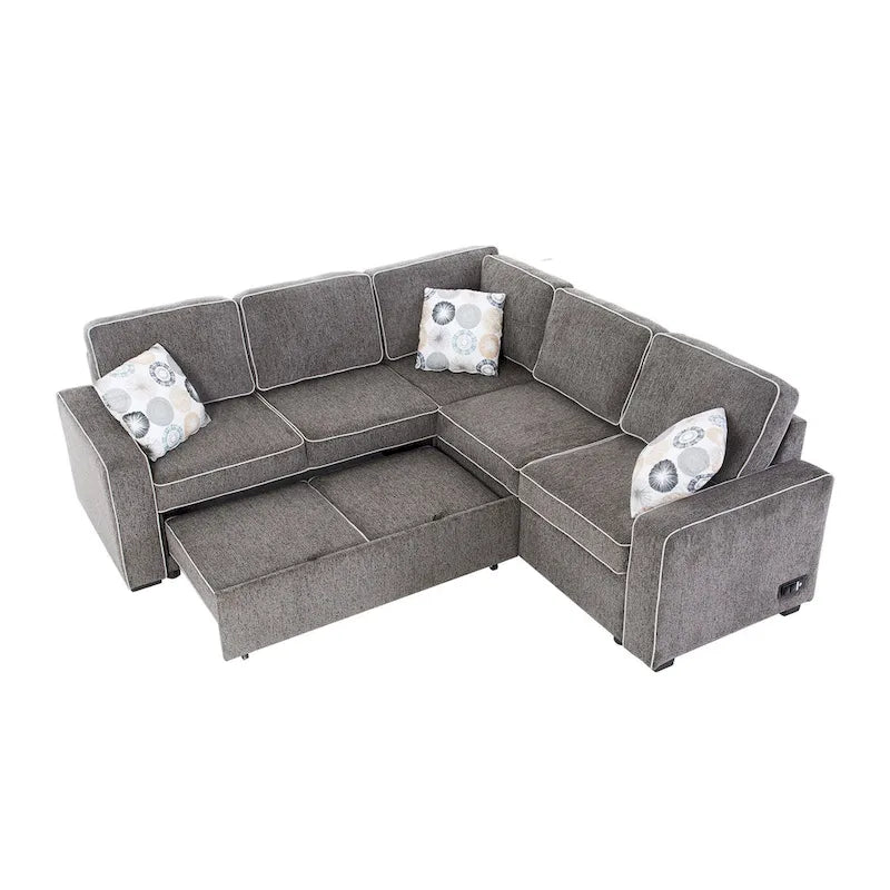 Canapé-lit d'angle convertible moderne avec 2 ports USB, 2 prises de courant et 3 oreillers