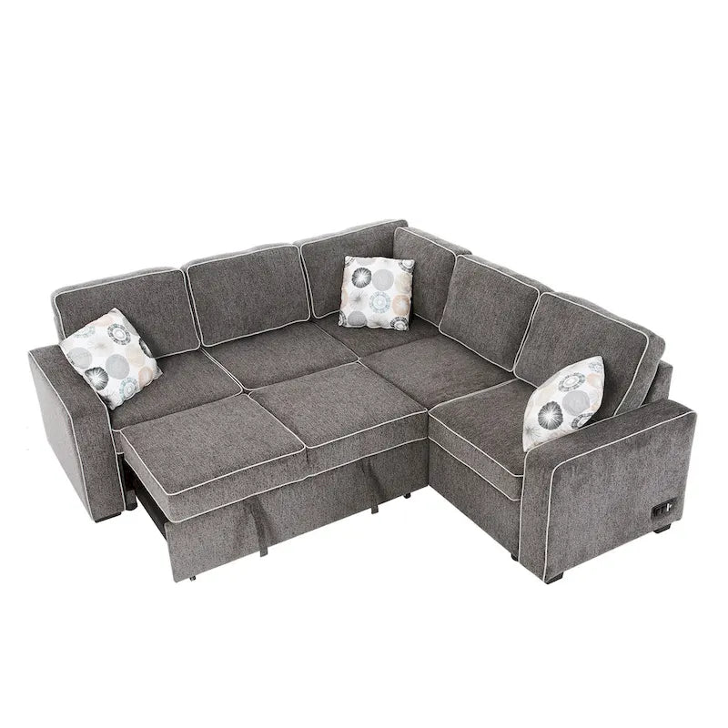 Canapé-lit d'angle convertible moderne avec 2 ports USB, 2 prises de courant et 3 oreillers