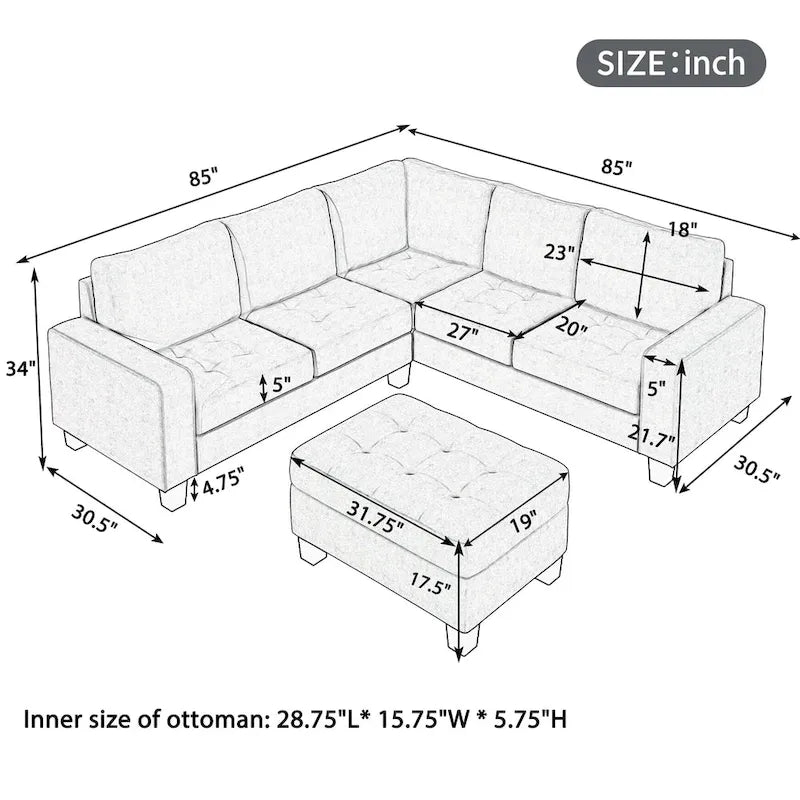 Orisfur. Canapé d'angle modulable en L peu encombrant avec pouf de rangement et porte-gobelets